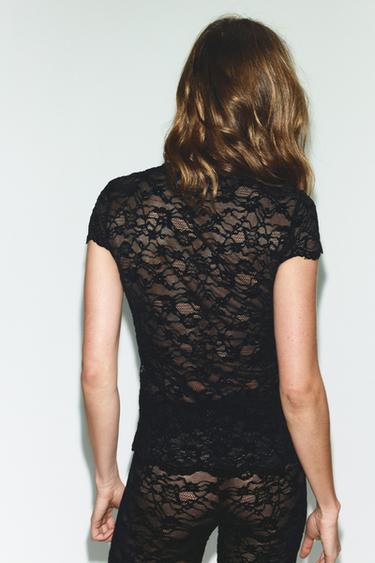 SHORT SLEEVE LACE T-SHIRT - Black by Zara - Image 2