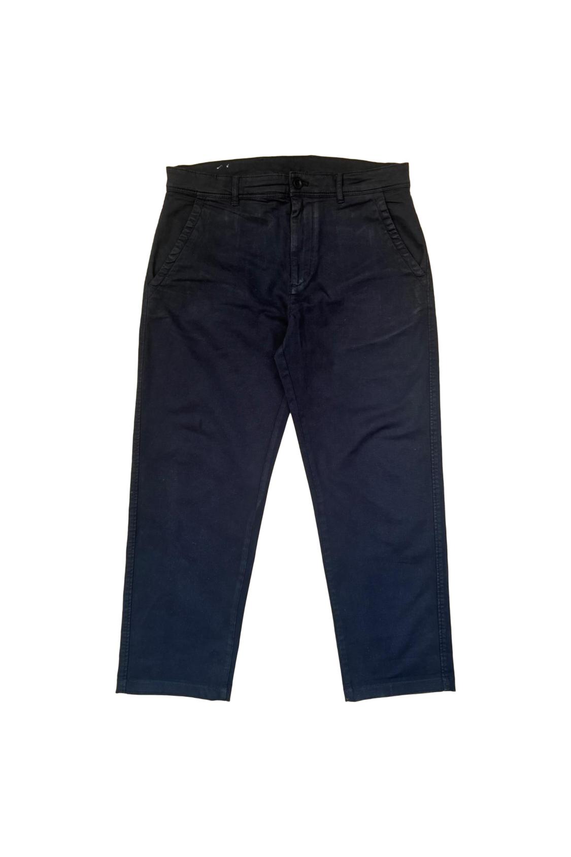Dark blue casual trousers, laid flat on a white background.