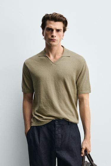 BLUZĂ POLO REGULAR FIT DIN BUMBAC ȘI IN - Verde mușchi de la Zara