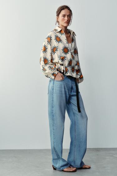 Zara PRINTED BOMBER JACKET - Ecru / Green