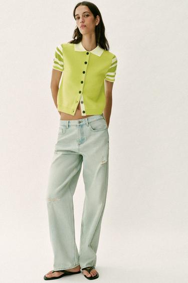 Z1975 ミッドライズストレートダメージデニムパンツライトブルーZaraのZ1975 ミッドライズストレートダメージデニムパンツ - ライトブルー 