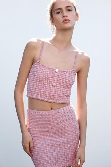 Zara STRETCH CROP TOP - Pink marl