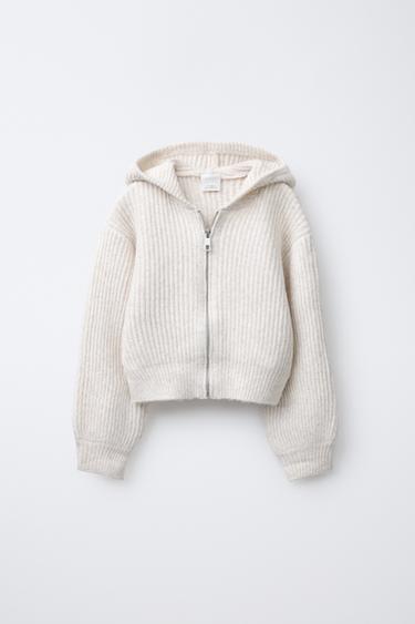 Zara CROPPED KNIT HOODED JACKET - taupe brown