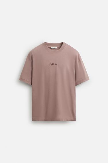 CONTRAST EMBROIDERY T-SHIRT - Pale pink by Zara