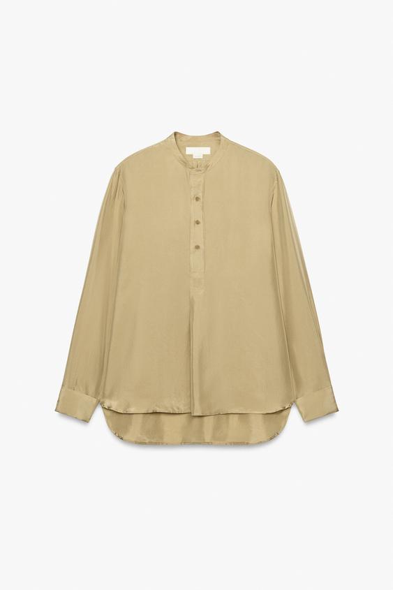 Zara 100% SILK RELAXED FIT POLO SHIRT - Greenish - Image 0