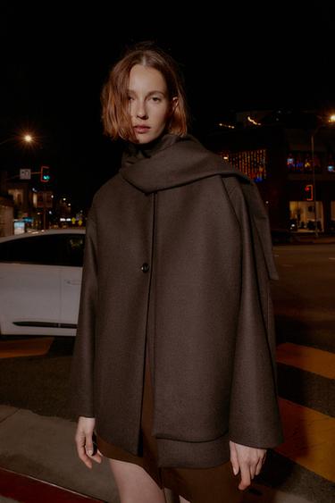 Zara WOOL BLEND SHORT COAT WITH SCARF - Brown