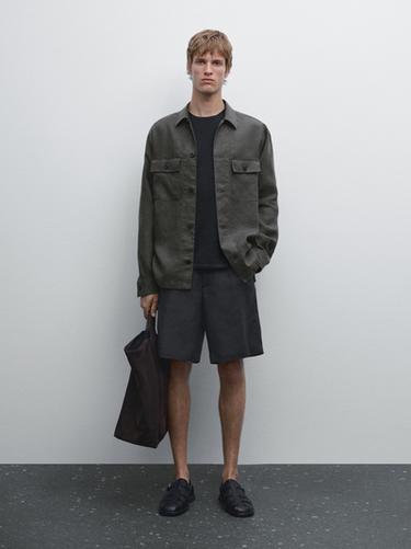 Zara 100% linen semi-jogger fit Bermuda shorts - Navy blue