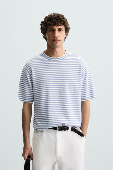 CAMISETA PUNTO TEXTURA RAYAS - Azul / Blanco de Zara