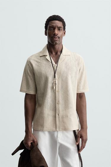 Zara OPEN WEAVE HERRINGBONE SHIRT - Light beige
