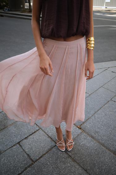 JUPE MI-LONGUE SEMI-TRANSPARENTE À SURPIQÛRES - Rose pastel de Zara - Image 1
