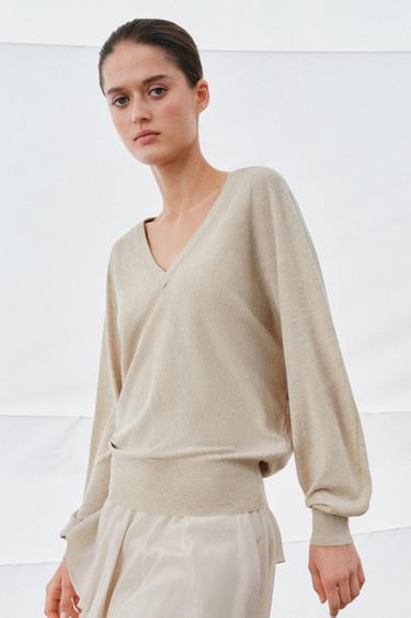 V-NECK WOOL BLEND JUMPER - Sand / Marl by Zara