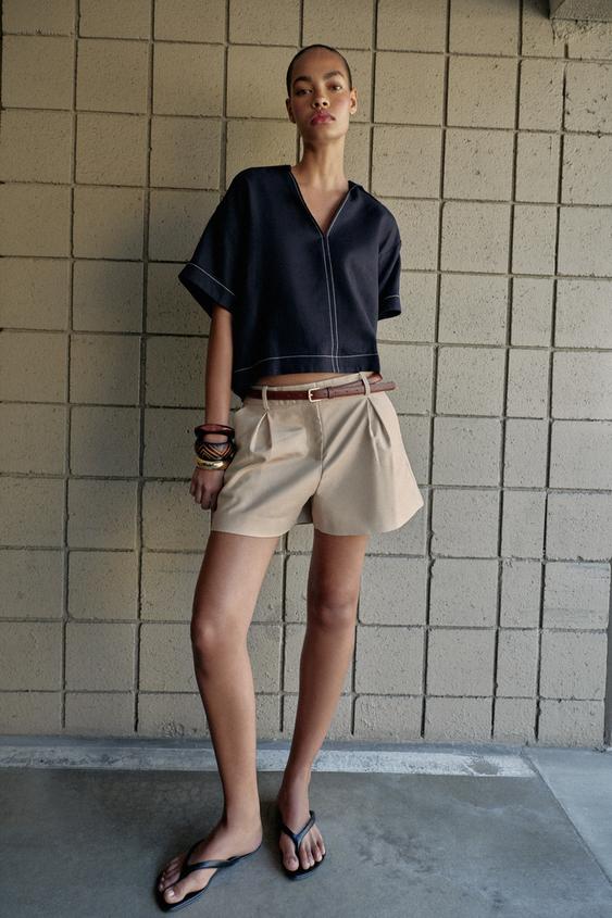 Zara — CONTRAST TOPSTITCHED LINEN SHIRT