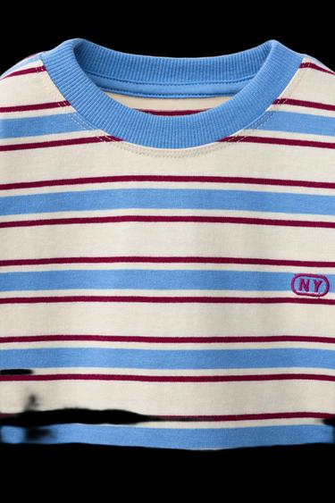 CAMISETA RAYAS LOGO BORDADO - Crudo / Azul de Zara