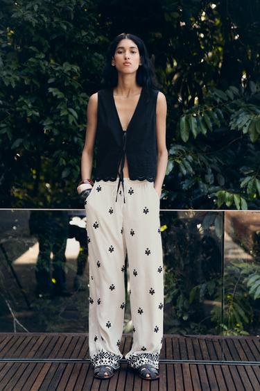 WIDE-LEG EMBROIDERED TROUSERS - Ecru / Black by Zara