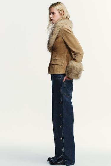 Zara TAILORED 100% SUEDE LEATHER BLAZER WITH FAUX FUR - Sand