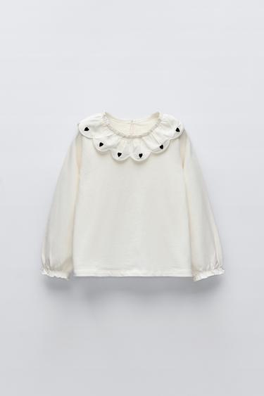 Zara EMBROIDERED COLLAR T-SHIRT - Ecru