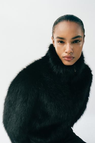 FAUX FUR BOMBER JACKET WITH HIGH COLLAR - Black by Zara