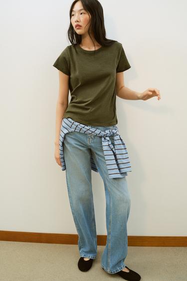 Zara COTTON SHORT SLEEVE T-SHIRT - Khaki