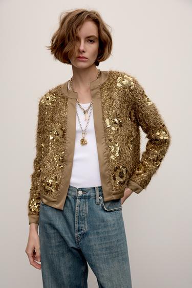 SEQUINNED KNIT CARDIGAN - Golden by Zara - Image 0