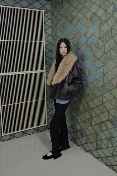 FAUX LEATHER JACKET WITH DETACHABLE COLLAR - Dark brown by Zara