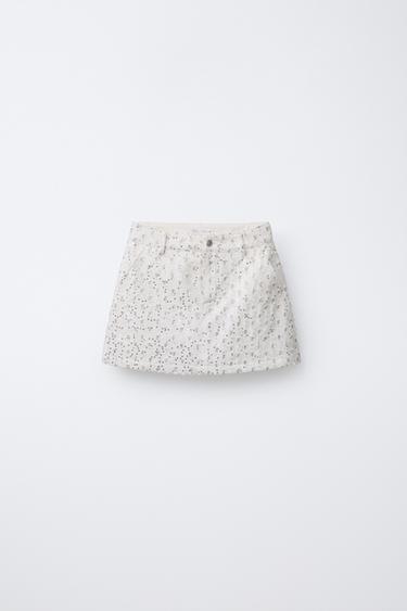 Zara BERMUDA DENIM SKIRT WITH SPARKLES - Oyster-white