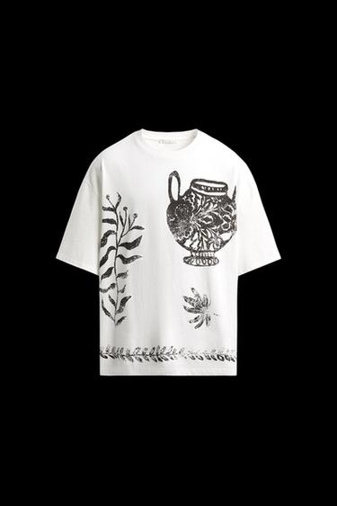 Zara CONTRAST PRINT T-SHIRT - Ecru - Image 0