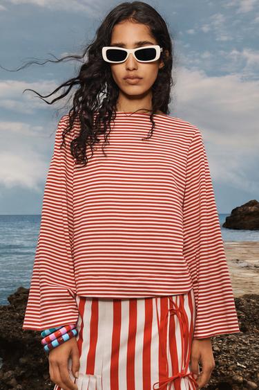 Zara LIMITED EDITION STRIPED T-SHIRT - White / Red