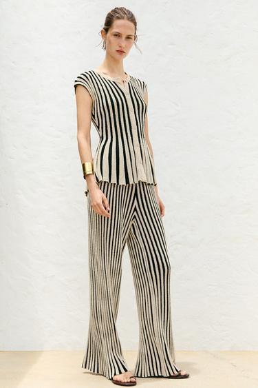 STRIPED CUT-OUT KNIT TROUSERS - Ecru / Black by Zara - Image 0