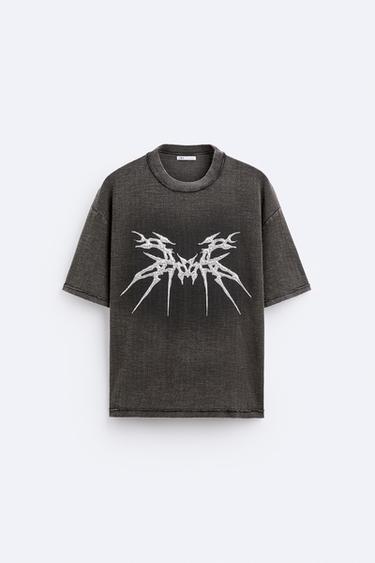 Zara TEXTURED PRINT KNIT T-SHIRT - Anthracite Gray