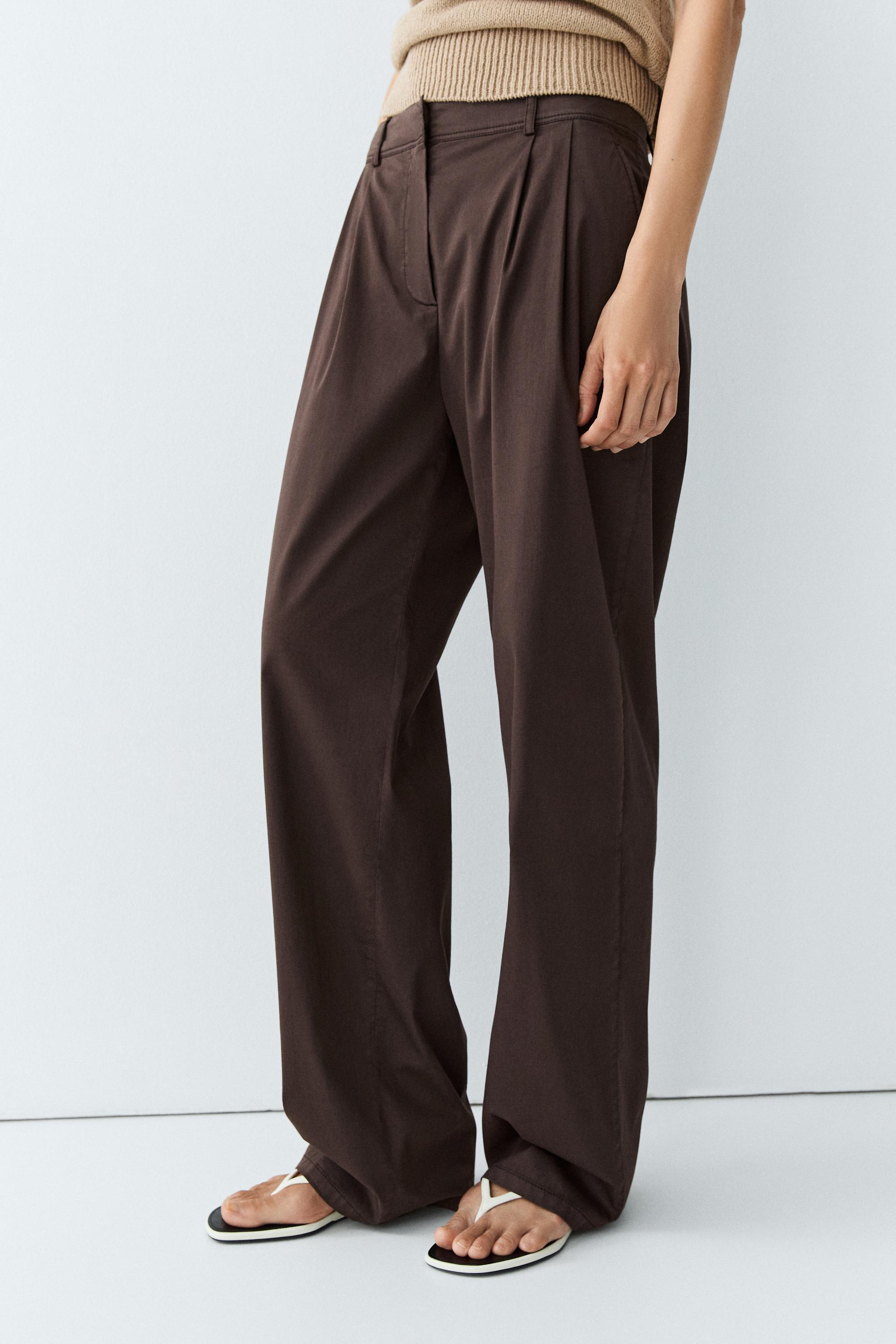 Cotton blend poplin pleated pants — Chocolate