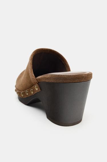 STUDDED SPLIT SUEDE CLOGS - Dark tan by Zara - Image 7