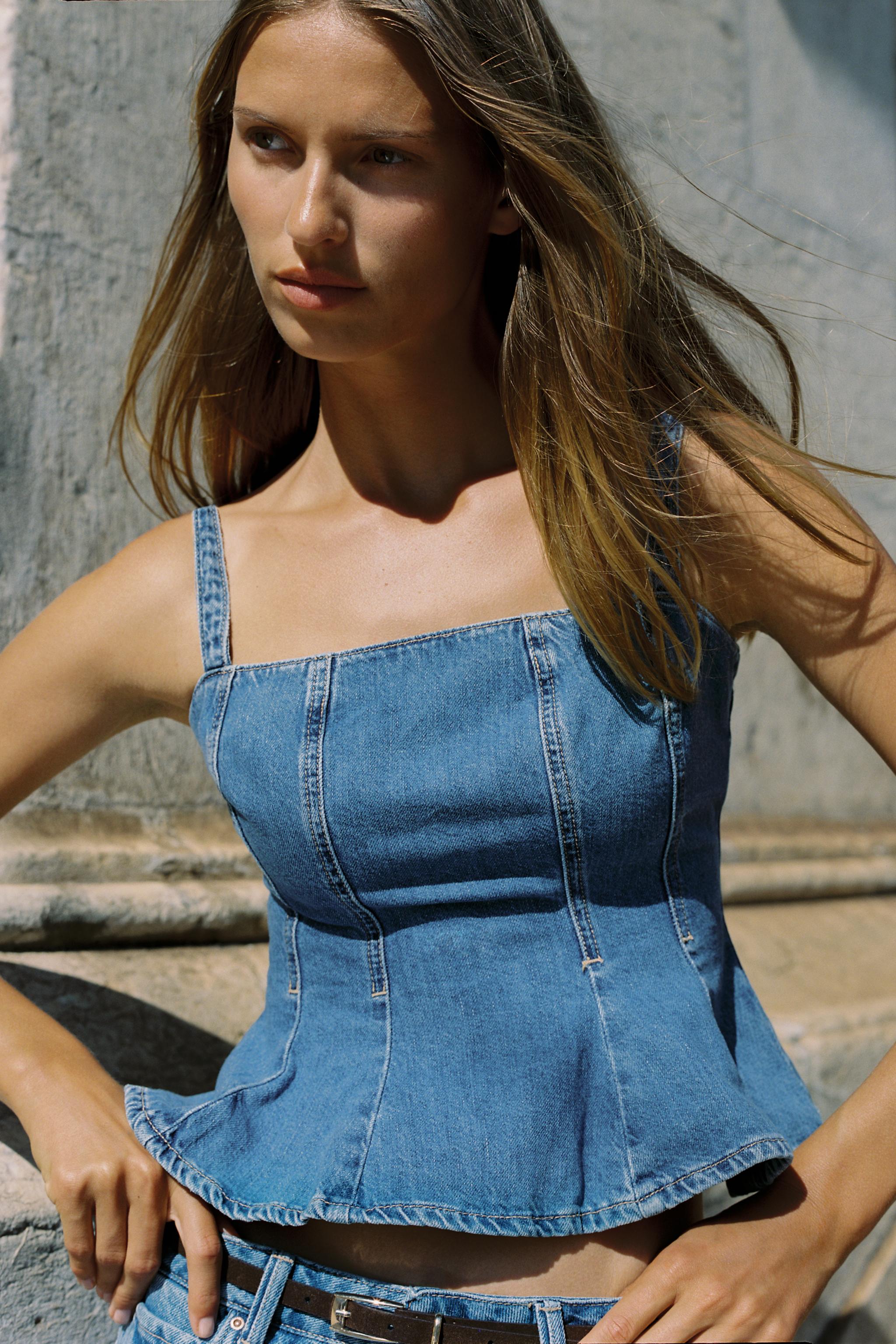 Amazon.com: Sun.YG Women's Denim Crop Top Ruffle Sleeve Jean