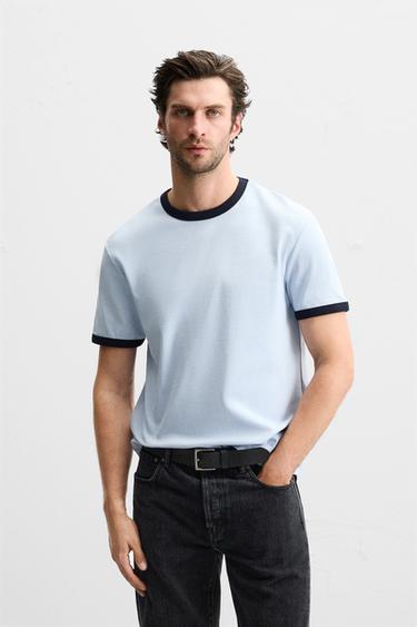 Zara BASIC RIBBED CONTRAST T-SHIRT - Sky blue