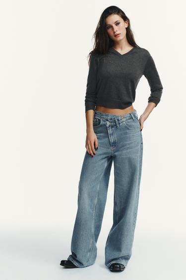 TRF WIDE-LEG HIGH-WAIST JEANS WITH CROSSOVER WAIST - Mid-blue by Zara
