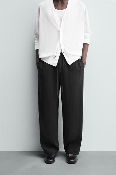 Zara RELAXED FIT 100% LINEN PANTS - Black