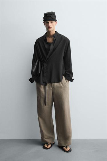 LINEN/VISCOSE TIE SHIRT - Black by Zara