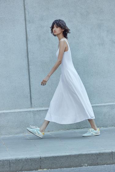 Zara 亞麻中長版連身裙 - 白色
