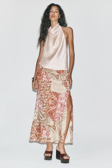 Zara PRINTED SATIN EFFECT MIDI SKIRT - Multicolored