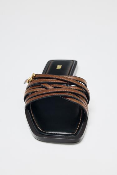 LEATHER STRAPPY SLIDERS WITH BUCKLE - Brown by Zara - Image 2