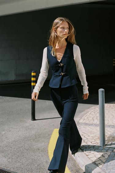 Zara BUCKLE CREPE TOP - Navy blue