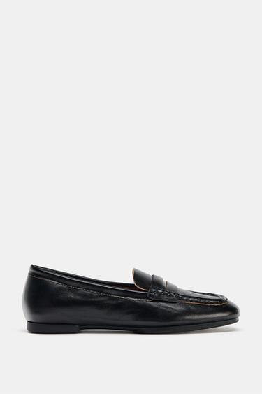 LEATHER LOAFERS WITH SQUARE TOE - Black by Zara