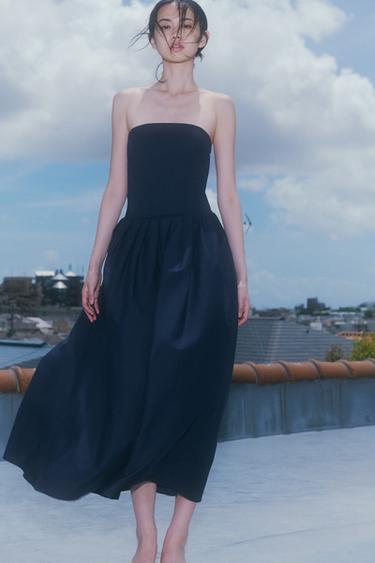 ポプリン ストラップレスワンピースネイビーブルーZaraのポプリン ストラップレスワンピース - ネイビーブルー