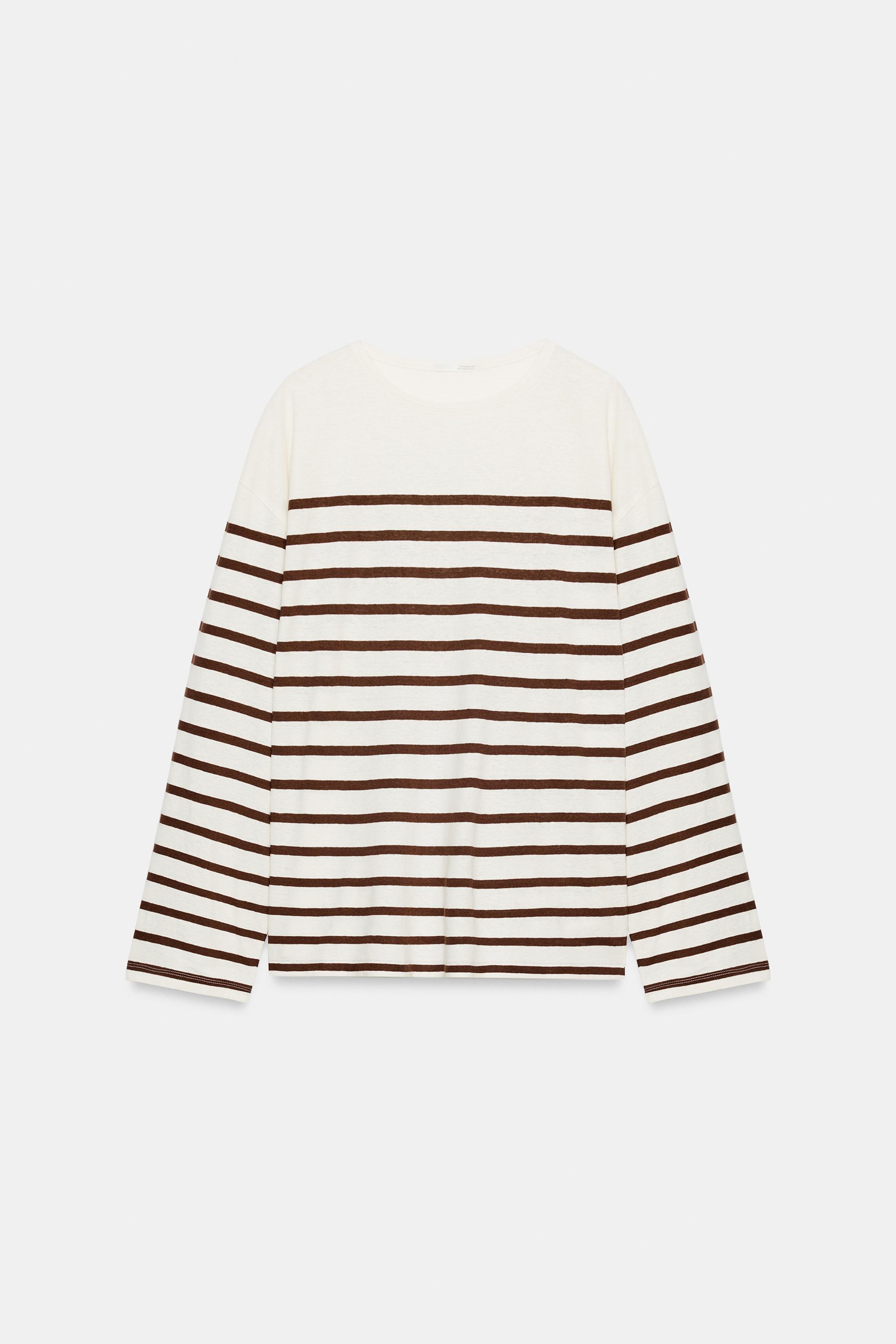 Zara ÇİZGİLİ PAMUKLU VE KETEN T-SHIRT görsel 6