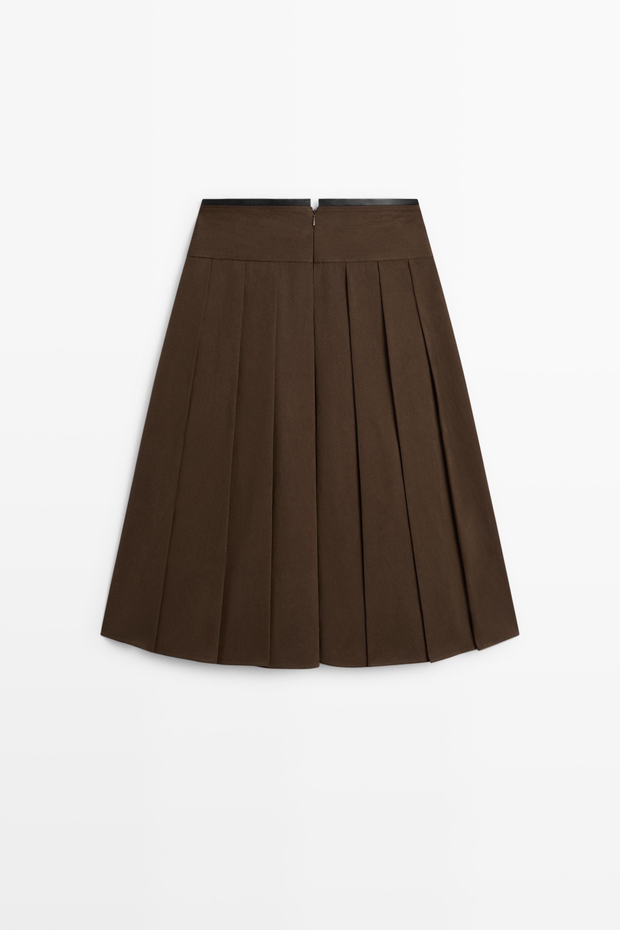 Jupe midi plissée détail cuir