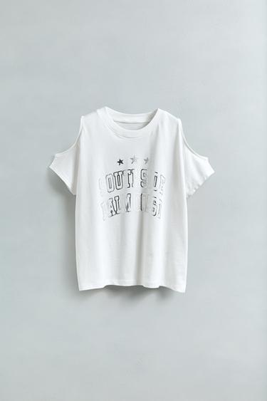 CUT-OUT T-SHIRT WITH SHINY PRINT - White by Zara - Image 4