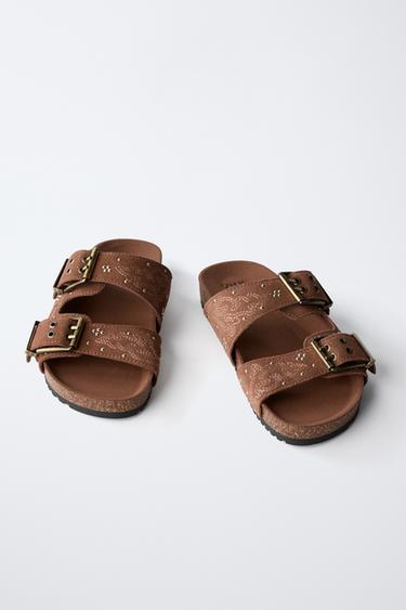 SPLIT SUEDE SANDALS WITH MICRO-STUDS AND BUCKLES - Brown by Zara - Image 2