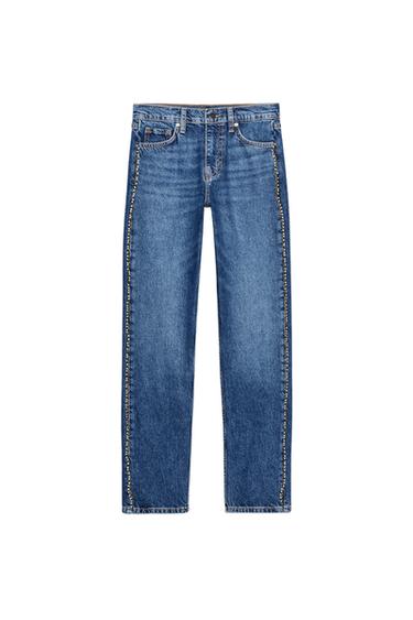 JEANS Z1975 SLIM FIT STRAIGHT MID-WAIST FAUX PEARLS - Blue by Zara