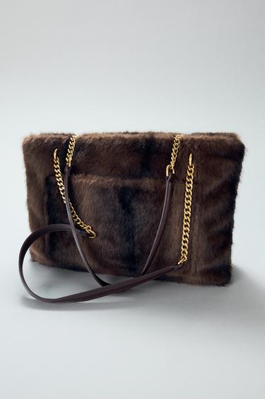 Zara FAUX FUR SHOULDER BAG - Brown