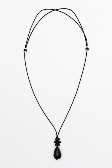 Zara Long leather cord stone necklace - Black - Image 0