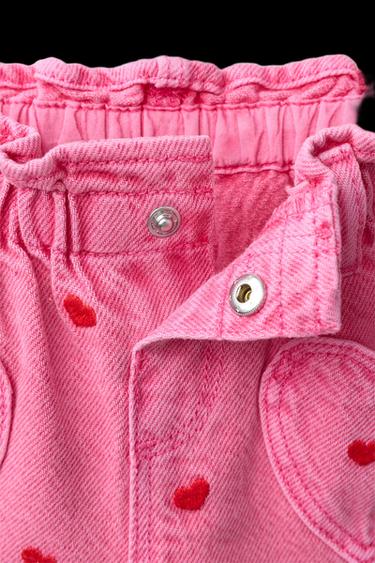 JEANS-BERMUDASHORTS MIT PAPERBAG-BUND UND GESTICKTEN HERZEN - Rosa von Zara